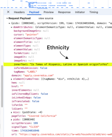 Screenshot highlighting the line of code where coveredca.com shares the respondent’s ethnicity with LinkedIn